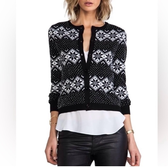Alice + Olivia Snow Jacquard And Beads Carnigan Wool Knit Sweater S/P - Picture 4 of 5